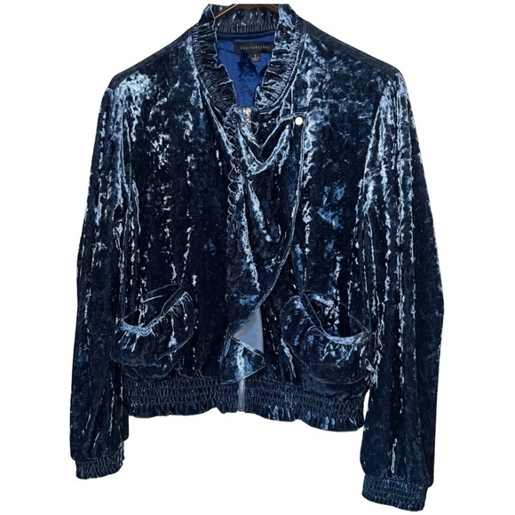 Dance & Marvel Blue Crushed Velvet Ruffled Zip Up Jacket Size Small - Picture 1 of 10